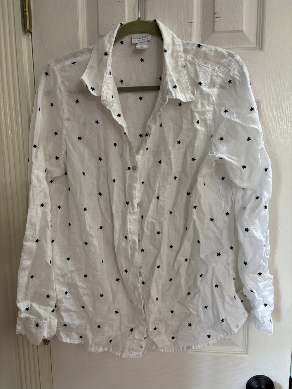 Nicole Miller White Button-Down Linen Shirt with Blue Star Print